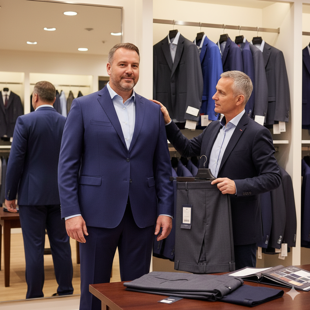 Plus-Size-Anzug mit Mix-&-Match-Kombination aus Sakko und Hose, passgenau abgestimmt auf Figurtyp.