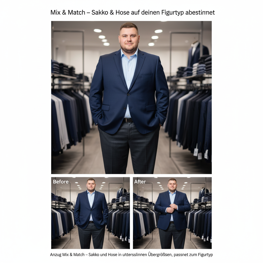Zwei Big-&-Tall-Anzugmodelle nebeneinander mit unterschiedlich kombinierten Sakkos und Hosen für verschiedene Figurtypen.
