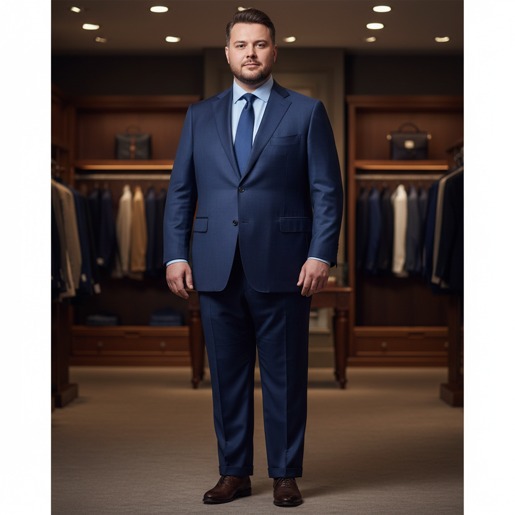 Grosser Mann in navyfarbenem Anzug aus feiner italienischer Schurwolle, das Sakko fällt glatt über Bauch und Hüfte.