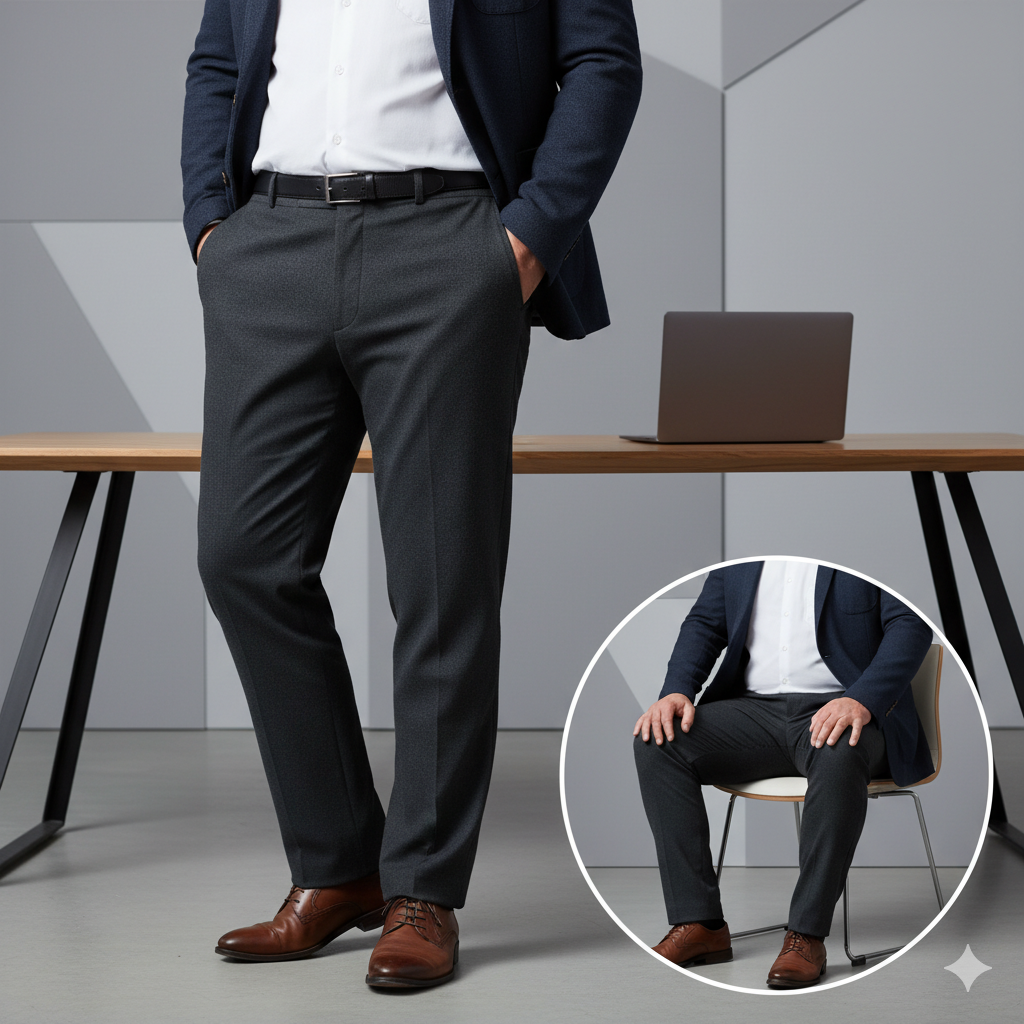 Businesshose aus Schurwolle mit Stretch und Dehnbund in Übergrösse an einem Plus-Size-Model