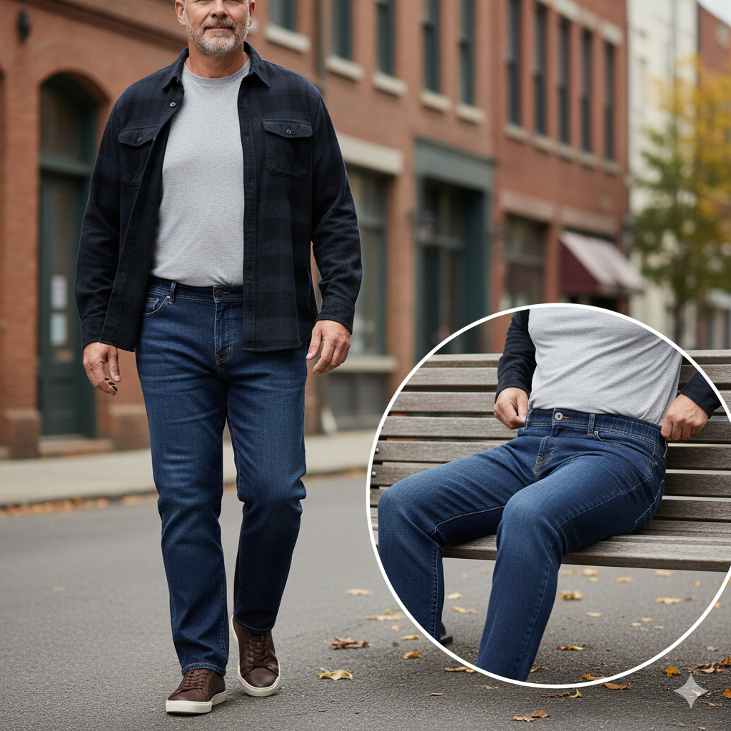 Jeans in Bauchgrösse mit Komfortbund und weiter Oberschenkelweite für grosse Grössen