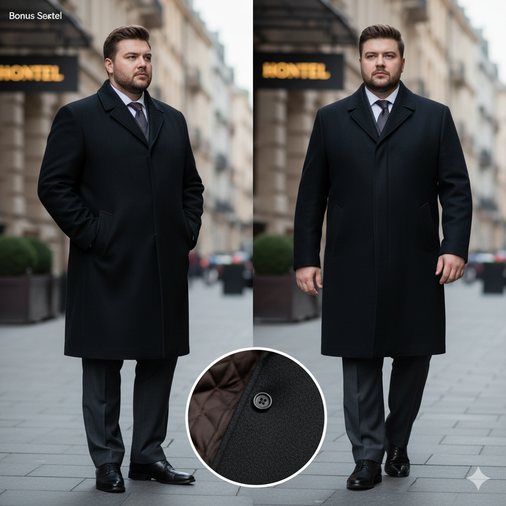 Langer Wollmantel in Grösse 10XL über einem Veston getragen, eleganter Business-Look für grosse Grössen