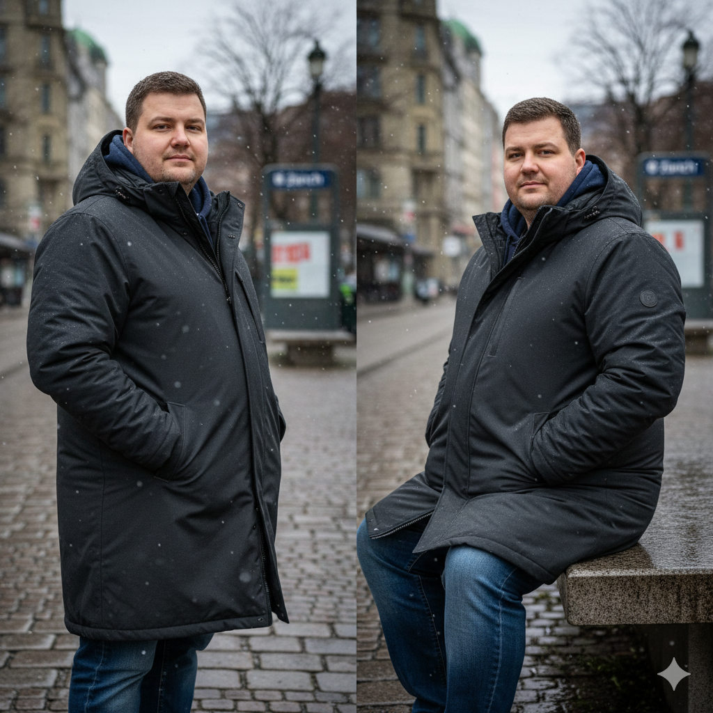 Winterparka in Übergrösse 8XL an einem Big-&-Tall-Model, mit 2-Wege-Reissverschluss und längerer Rückenpartie
