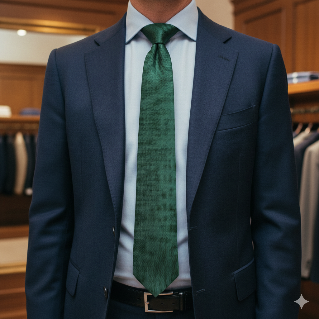 Lange Krawatte in Überlänge, gebunden mit sauberem Dimple und voluminösem Knoten.