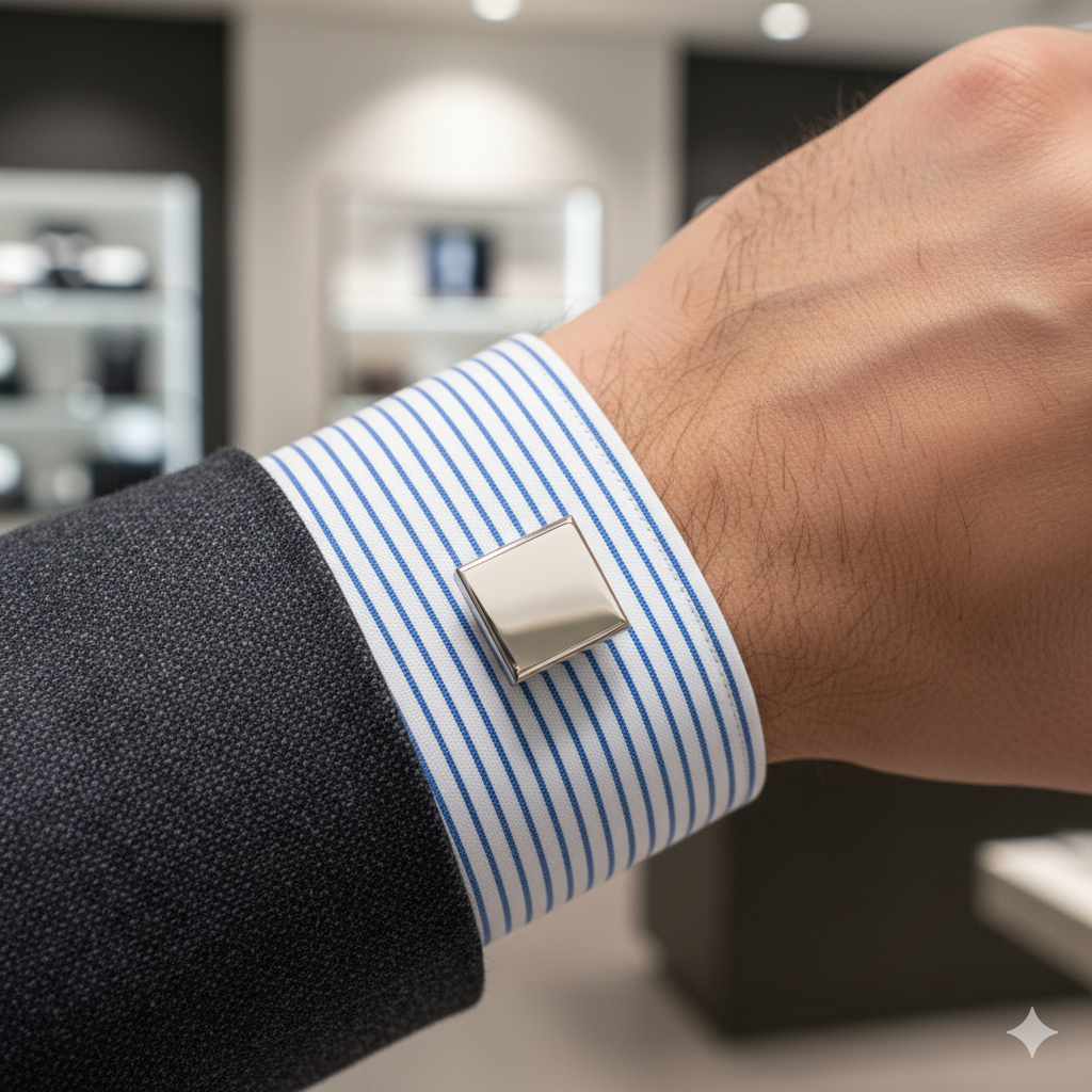 Klassische, polierte Manschettenknöpfe aus Edelstahl, im Detail mit sichtbarer Klappmechanik.