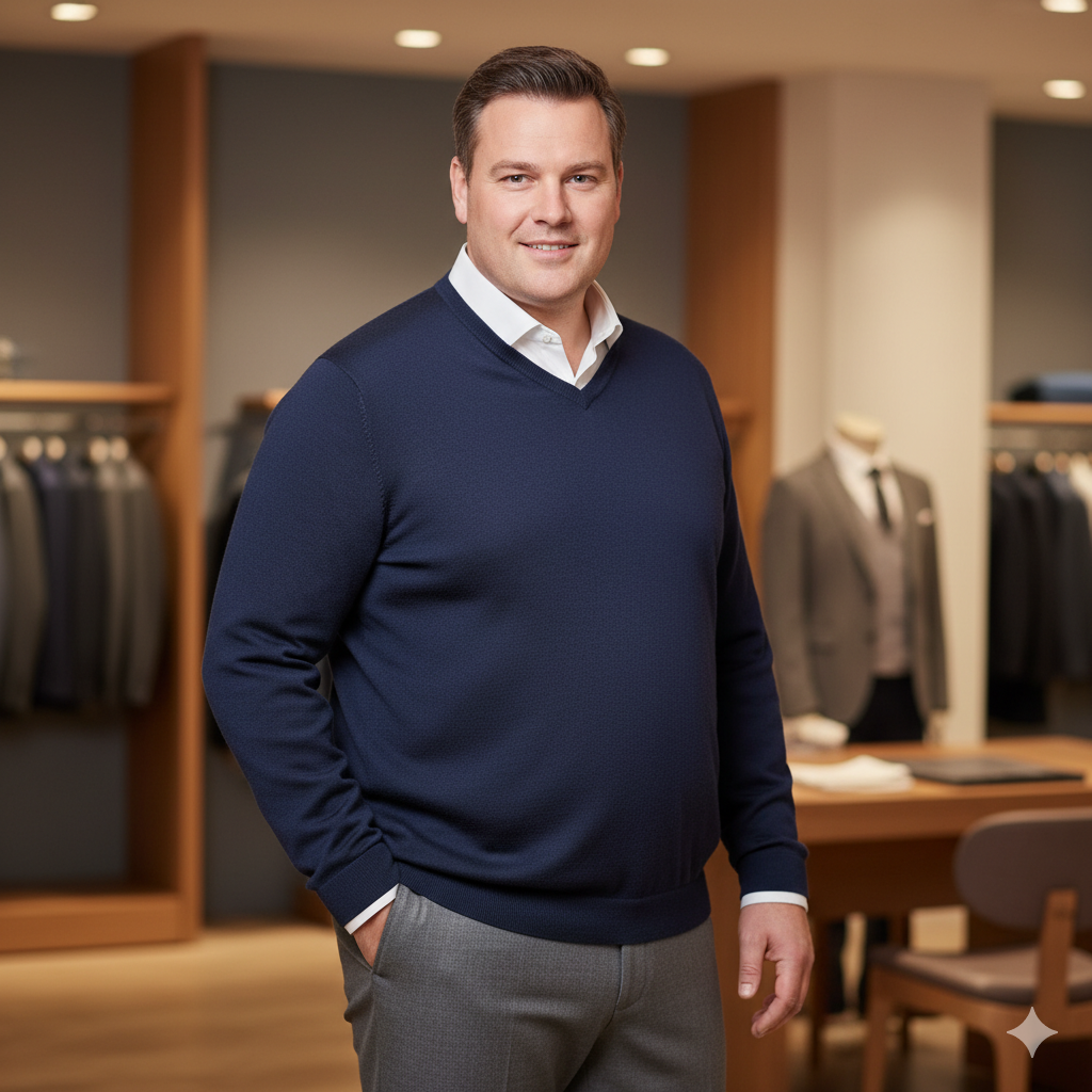 Merino V-Neck Pullover in Grösse 8XL an einem grossen Mann, der Saum fällt glatt über den Bauch und den Hosenbund.