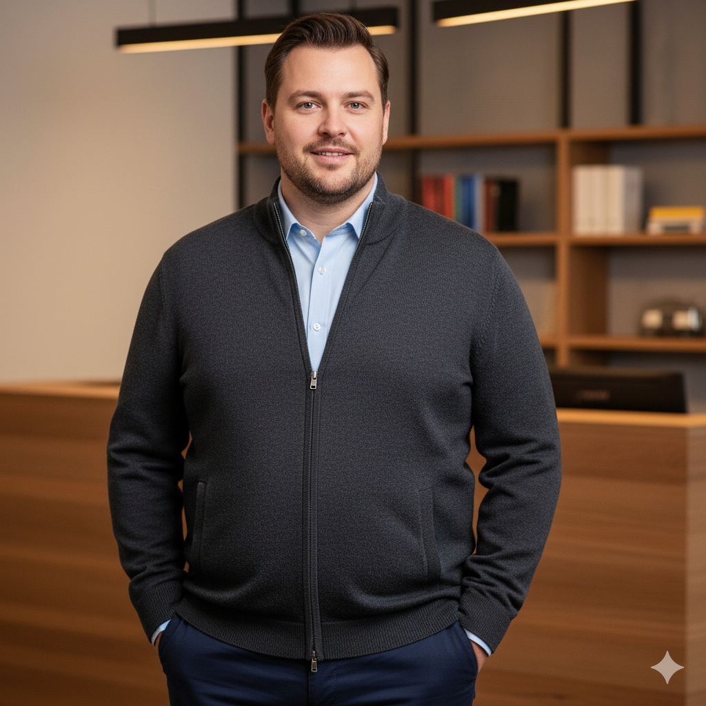 Zip-Cardigan in Grösse XXXL mit Reissverschluss, der glatt über Bauch und Brust verläuft, getragen über einem Shirt.