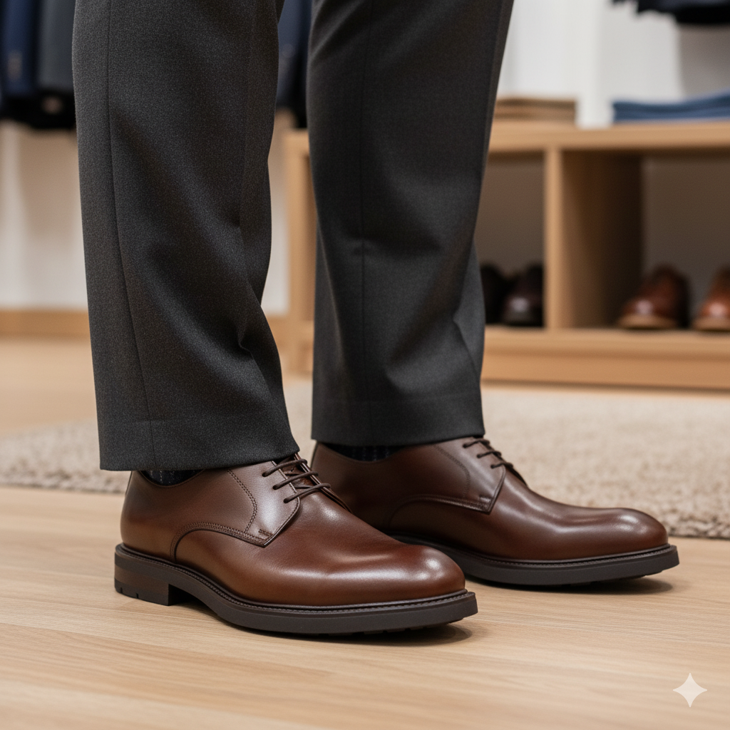 Eleganter Derby-Business-Schuh mit weiter Leiste, runder Zehenkappe und rutschfester Laufsohle für grosse Füße.