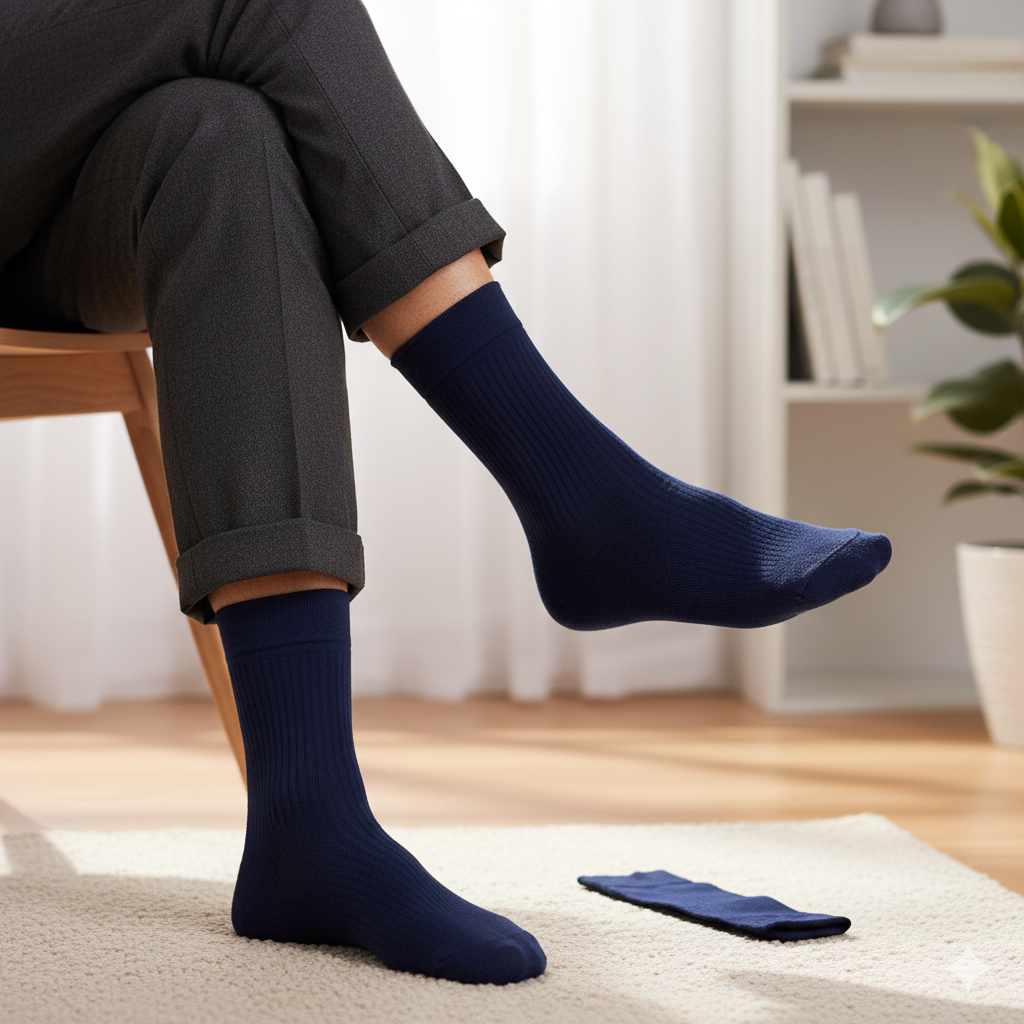 Komfortsocken mit weichem Bund, geeignet für grössere Fusslängen und breite Waden.