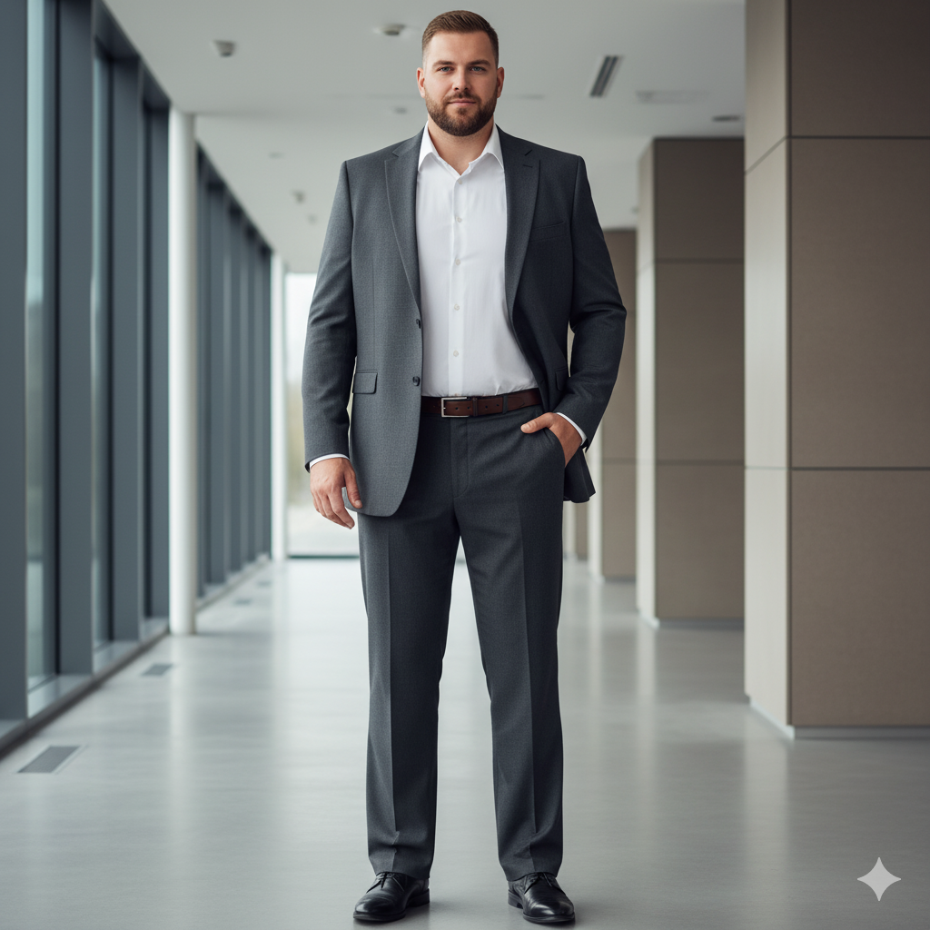 Plus-Size-Model in extralangem Veston 10XL, Sakko bedeckt den Hosenbund sauber und wirkt proportioniert.