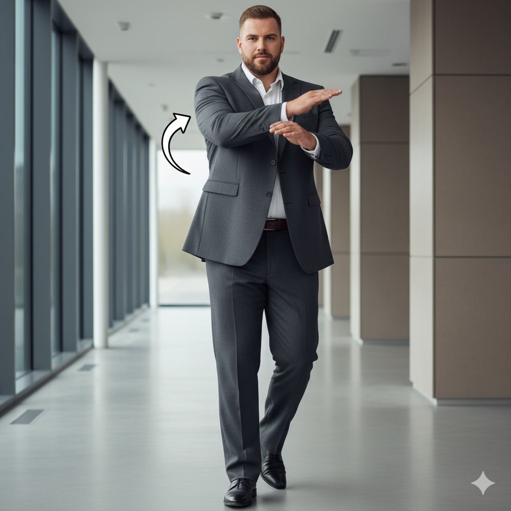 Veston an einem Big-&-Tall-Model in Bewegung, Naturstretch sorgt für faltenarmen, elastischen Fall.