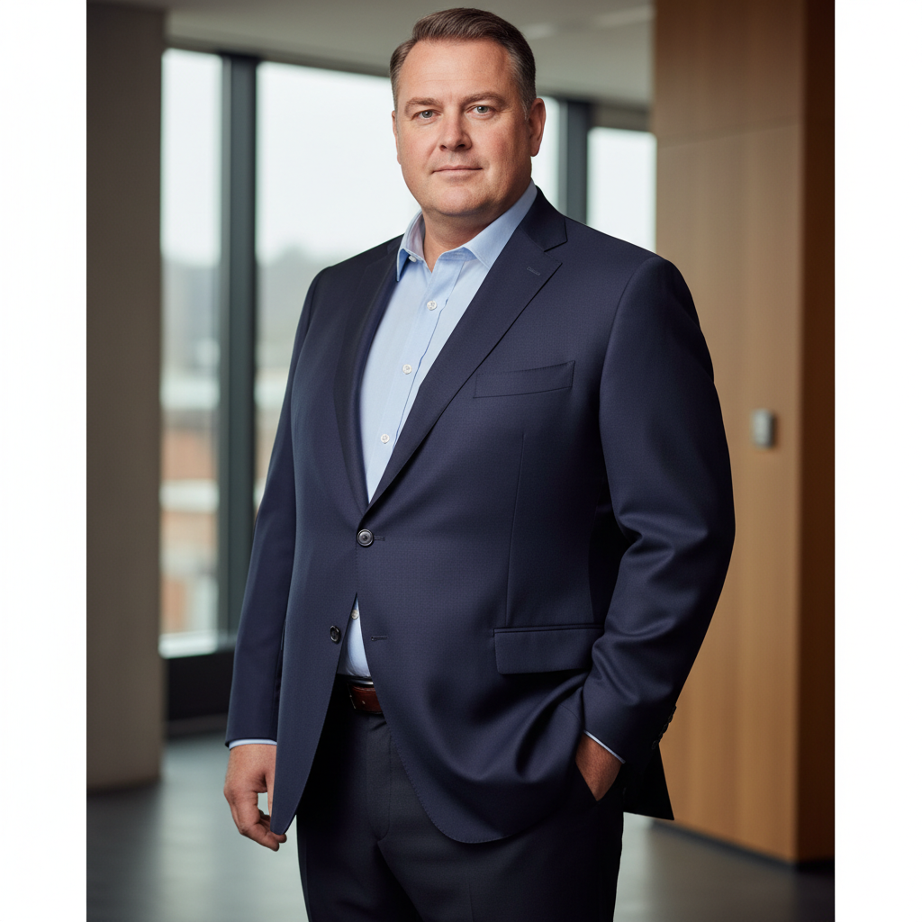 Grosser Mann in navyfarbenem Blazer aus Guabello Super 150’s, der Stoff fällt glatt über Bauch und Hüfte.